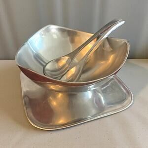 Vintage Nambe USA Aluminum Alloy 3-Pc Salad Set Bowl Tray Servers Mid-Century